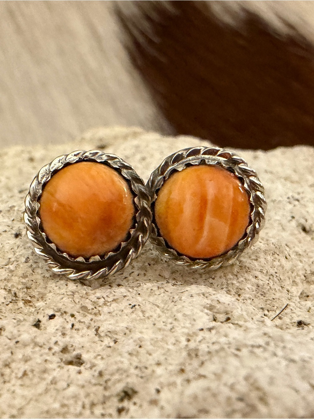 ❤️ Signed Navajo Esther White Orange Spiny Oyster Navajo Style Stud 925 Earrings